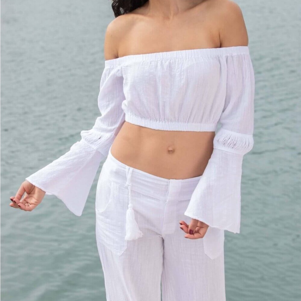 Cotton Natural 100% Cotton Flare Sleeve Off Shoulder Cropped Shirt Top